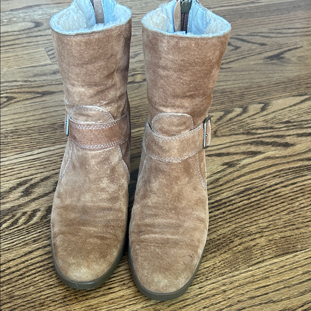 Tan Suede Wedge Ankle Boots With Buckle